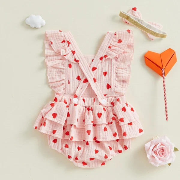 Infant Toddler Baby Girls Valentine's Day Romper Bow/Heart Print Flutter Sleeves Square Neck Bodysuit with Bow Headband - Image 3