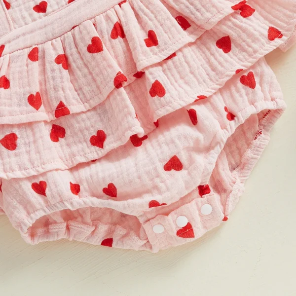 Infant Toddler Baby Girls Valentine's Day Romper Bow/Heart Print Flutter Sleeves Square Neck Bodysuit with Bow Headband - Image 6