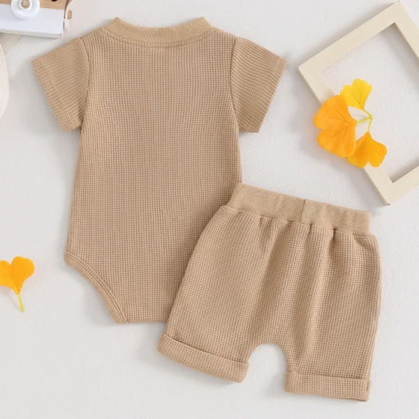 Pudcoco Toddler Newborn Baby Boy Summer Clothes Solid Color Waffle Short Sleeve Button Romper with Shorts 2Pcs Outfit 0-12M - Image 5