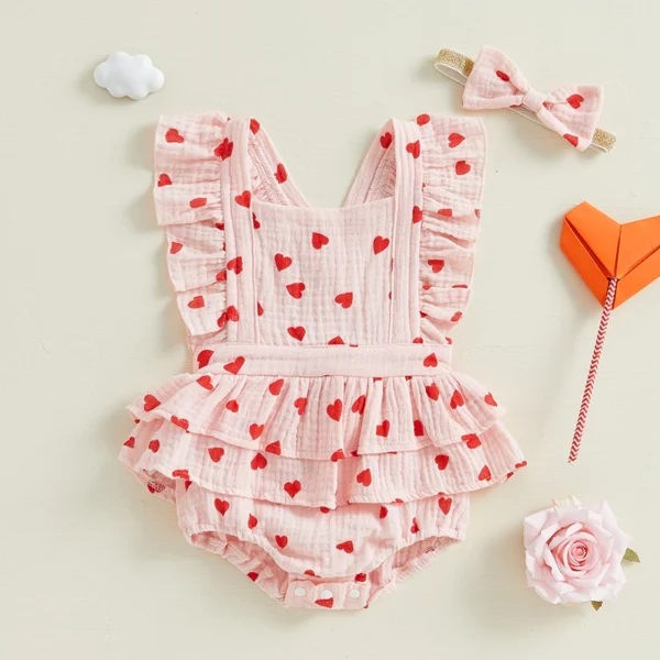 Infant Toddler Baby Girls Valentine's Day Romper Bow/Heart Print Flutter Sleeves Square Neck Bodysuit with Bow Headband - Image 2