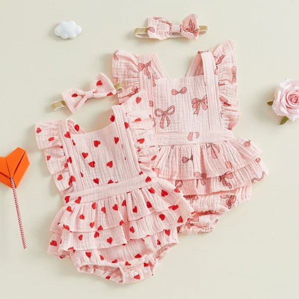 Infant Toddler Baby Girls Valentine's Day Romper Bow/Heart Print Flutter Sleeves Square Neck Bodysuit with Bow Headband