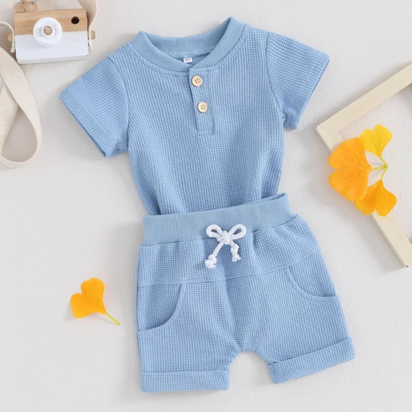 Pudcoco Toddler Newborn Baby Boy Summer Clothes Solid Color Waffle Short Sleeve Button Romper with Shorts 2Pcs Outfit 0-12M - Image 2