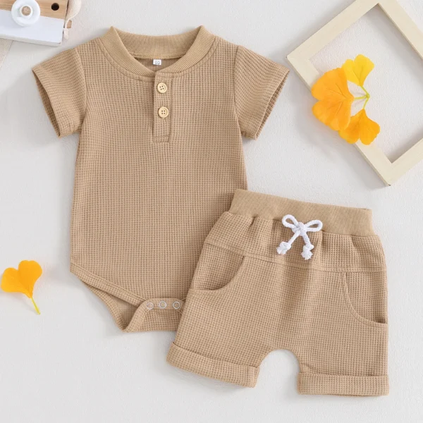 Pudcoco Toddler Newborn Baby Boy Summer Clothes Solid Color Waffle Short Sleeve Button Romper with Shorts 2Pcs Outfit 0-12M - Image 4