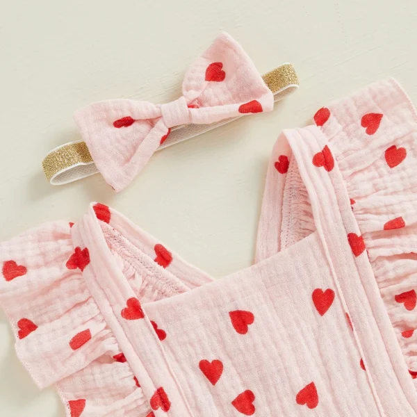 Infant Toddler Baby Girls Valentine's Day Romper Bow/Heart Print Flutter Sleeves Square Neck Bodysuit with Bow Headband - Image 4