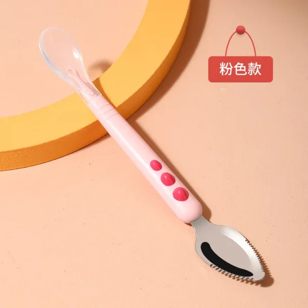 Baby Fruit Scraping Mud Spoon Double Head Silicone Stainless Steel Children Utensil Toddler Infant Food Eating Feeding Tableware - Image 3